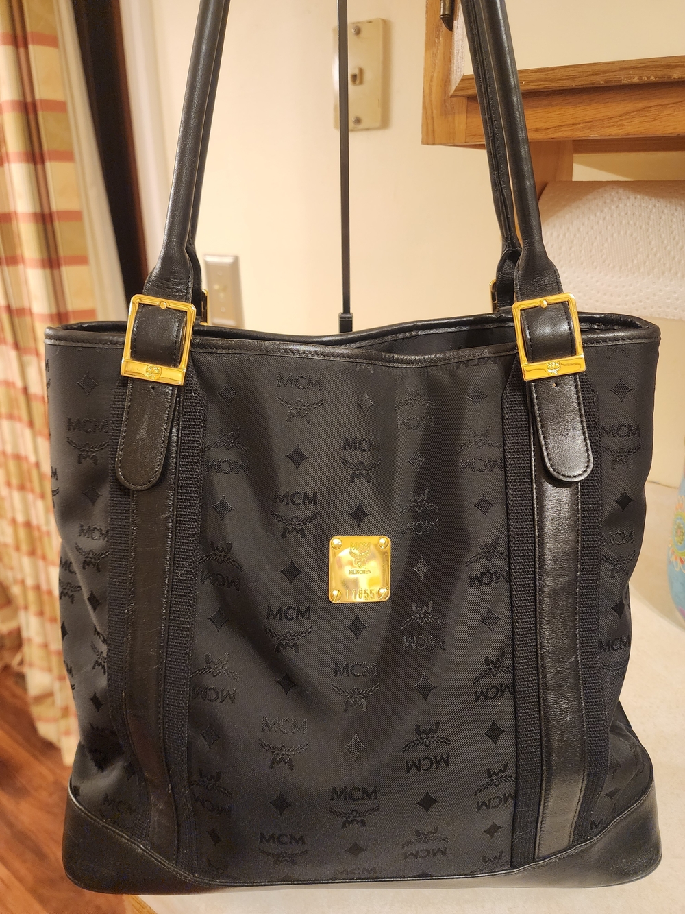 vintage MCM black nylon jacquard Visetos monogram tote bag  gold-tone Logo